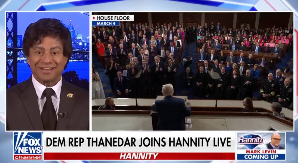 News broadcast showing Democratic Representative Thanedar on Fox News beside a scene from the House Floor with a speaker facing a crowd.